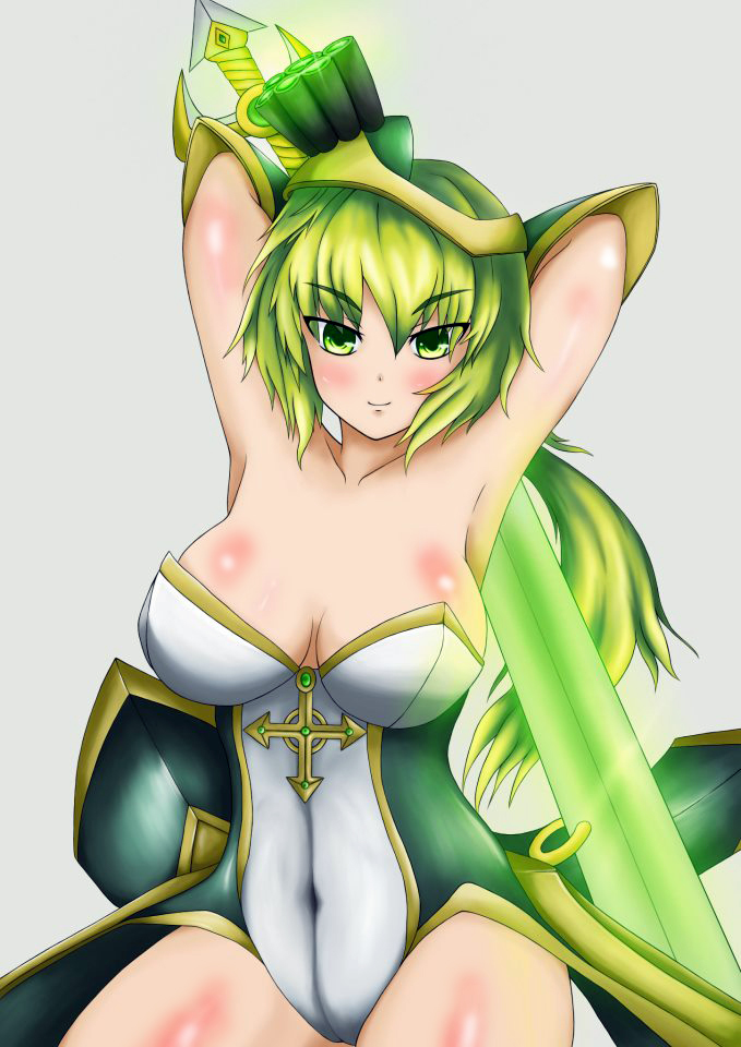 1girl, armor, arms_up, breasts, cross, genderswap, glowing, green_eyes