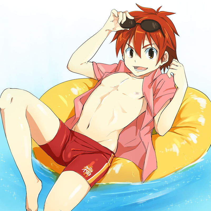 assault_squadron_danjija, brown_eyes, bulge, fukuoka_kousuke, fukuoka_kurenaisuke, innertube, kyouta_(a01891226), navel
