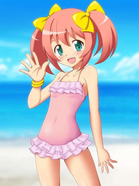 :d, bare_shoulders, blush, bow, bracelet, chiffon_(sister_quest), green_eyes, hair_bow