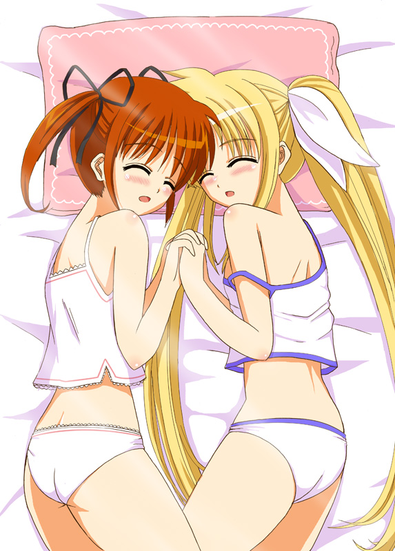 ass, bare_shoulders, bed, blonde_hair, blush, brown_hair, camisole, closed_eyes