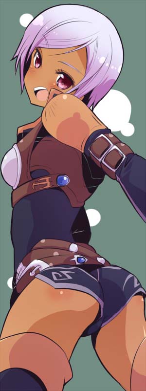 ass, dark_skin, hanamsky, purple_hair, red_eyes, short_hair, simple_background, solo