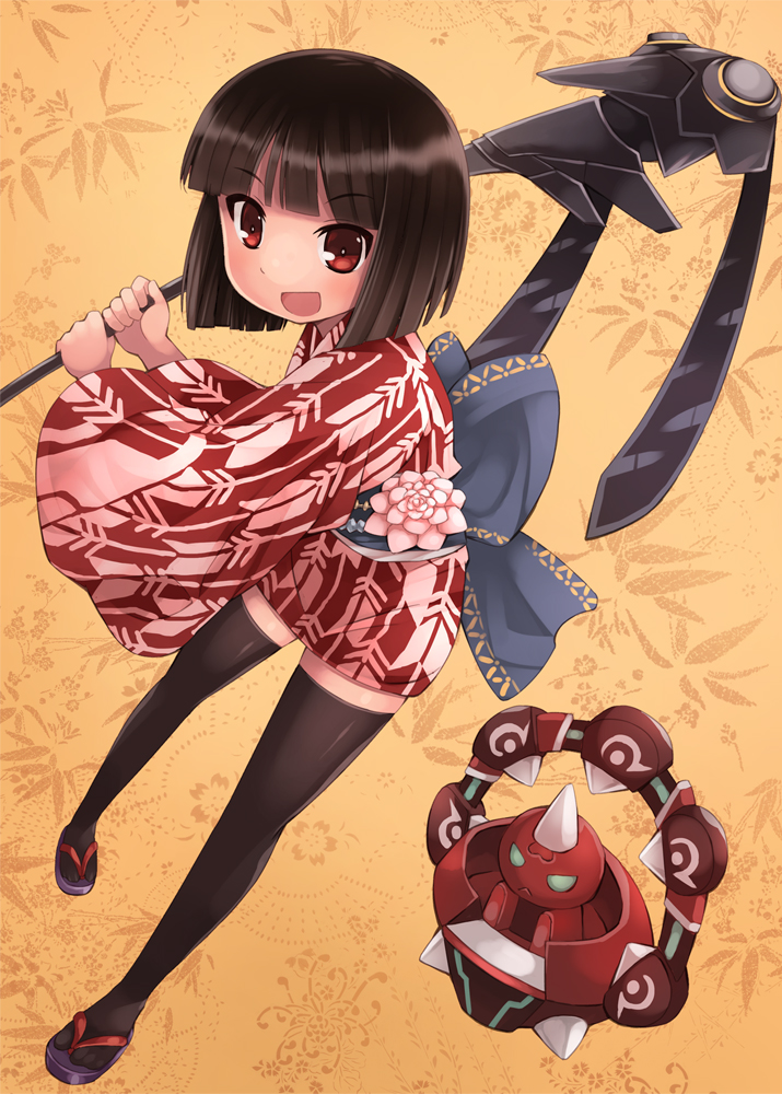 bangs, black_hair, black_legwear, blunt_bangs, japanese_clothes, kimono, kouno_hikaru, mag_(phantasy_star)