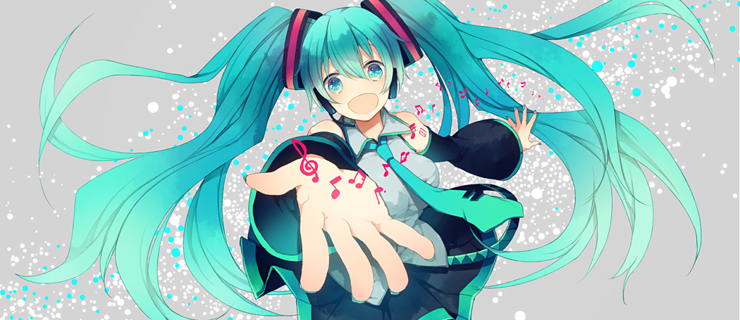 detached_sleeves, foreshortening, green_eyes, green_hair, hatsune_miku, headset, long_hair, musical_note