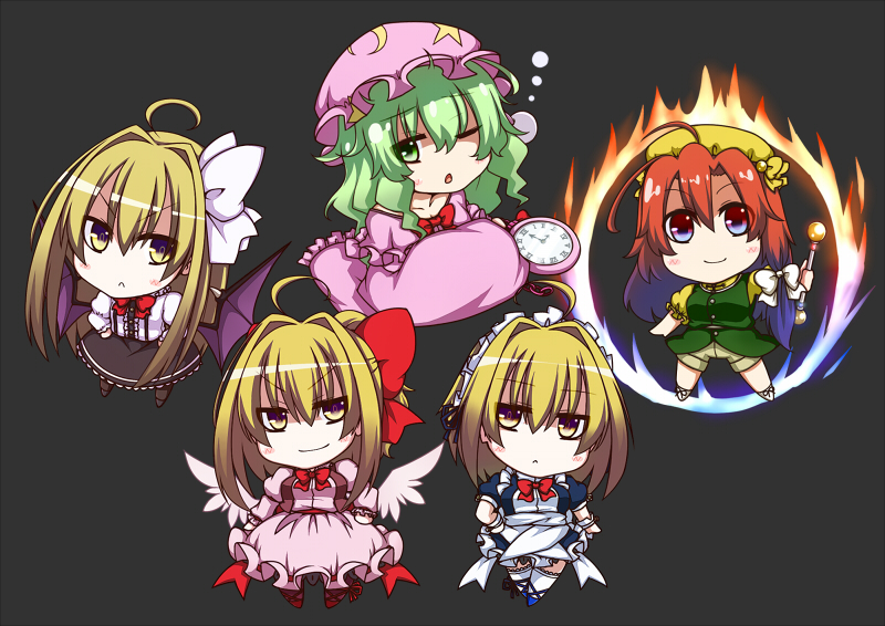 >:), :<, ahoge, apron, bat_wings, baton, blonde_hair, bow