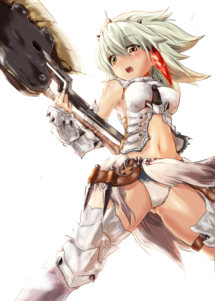 akika, axe, barioth_(armor), character_request, highres, legs, monster_hunter, navel, open_mouth, panties, underwear, weapon, white_panties, yellow_eyes