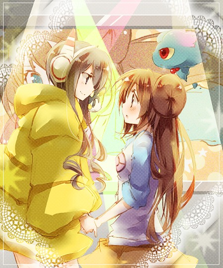 2girls, amamiya_kabosu, black_hair, blush, brown_hair, double_bun, eye_contact, fur_coat