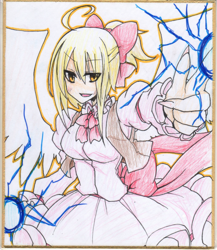 >:d, :d, ahoge, blonde_hair, bow, breasts, earlgrey, gengetsu