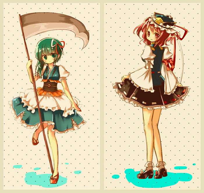 cosplay, costume_switch, green_eyes, green_hair, hat, kinokobatake, long_sleeves, multiple_girls