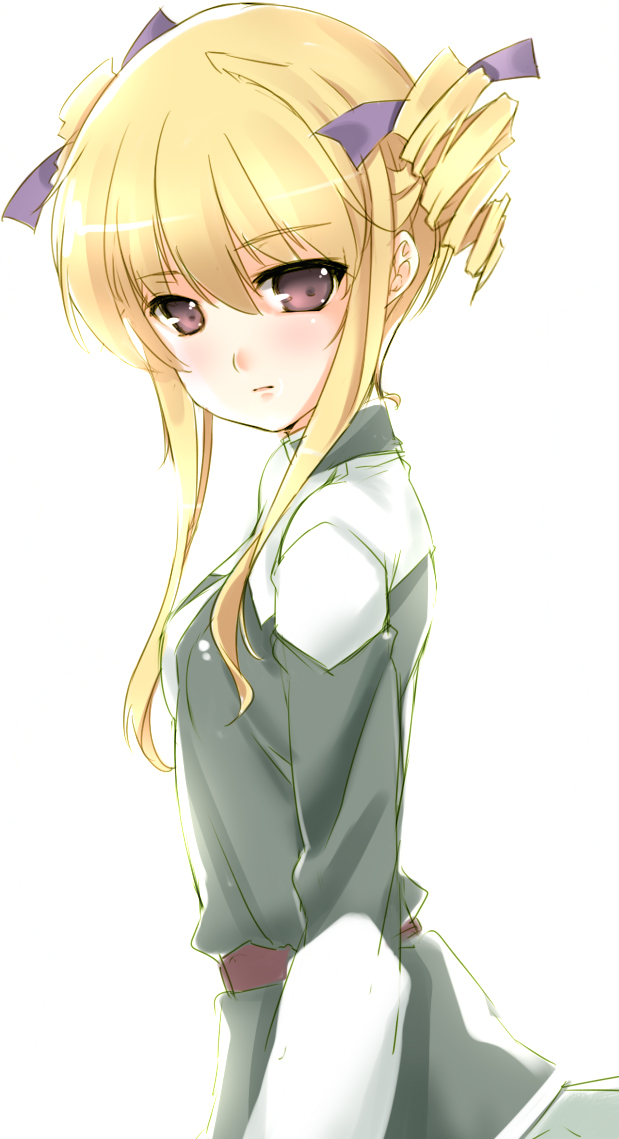 belt, blonde_hair, blush, drill_hair, gundam, hair_ribbon, kuro_(kuronell), long_hair, military, military_uniform, operator_type_f, purple_eyes, ribbon, sd_gundam_online, simple_background, solo, twin_drills, uniform, violet_eyes