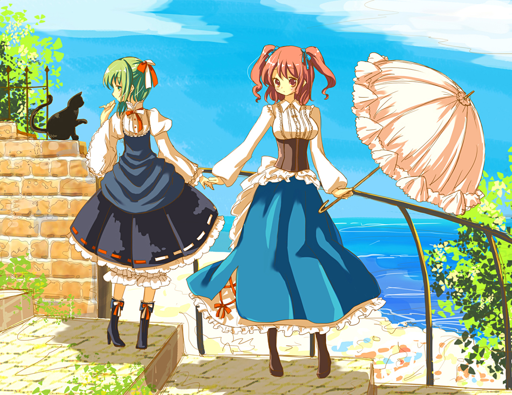 alternate_costume, animal, cat, green_eyes, green_hair, hand_holding, holding_hands, kinokobatake, long_sleeves, multiple_girls, onozuka_komachi, red_eyes, red_hair, redhead, shikieiki_yamaxanadu, short_hair, sky, stairs, standing, touhou, twintails, umbrella, wide_sleeves