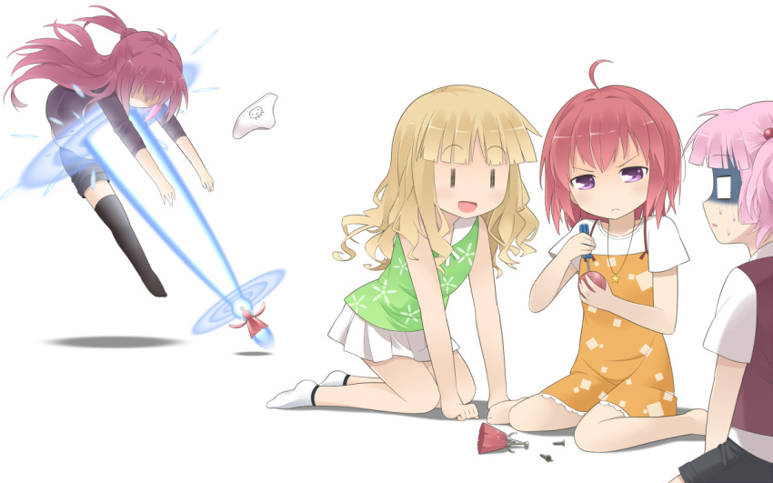 :<, :d, ahoge, akaza_akane, akaza_akari, blonde_hair, casual, detached_hair