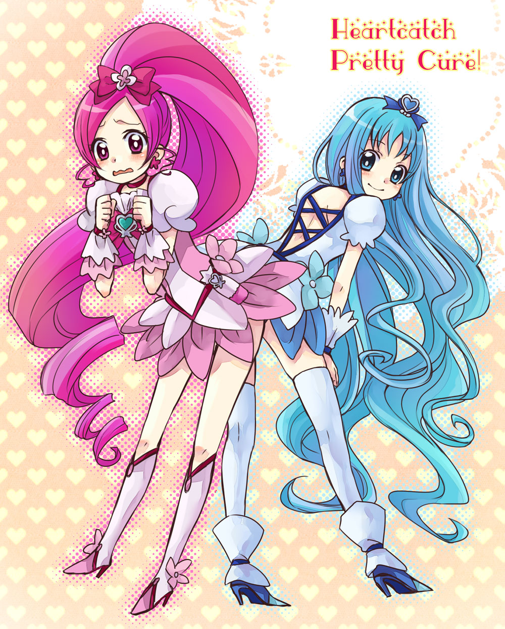 back-to-back, blue_eyes, blue_hair, blush, boots, bow, cure_blossom, cure_marine