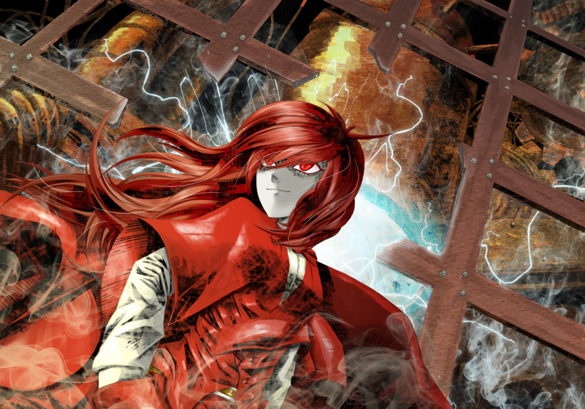 alternate_hairstyle, capelet, electricity, from_below, hair_down, hand_in_pocket, light_smile, long_hair