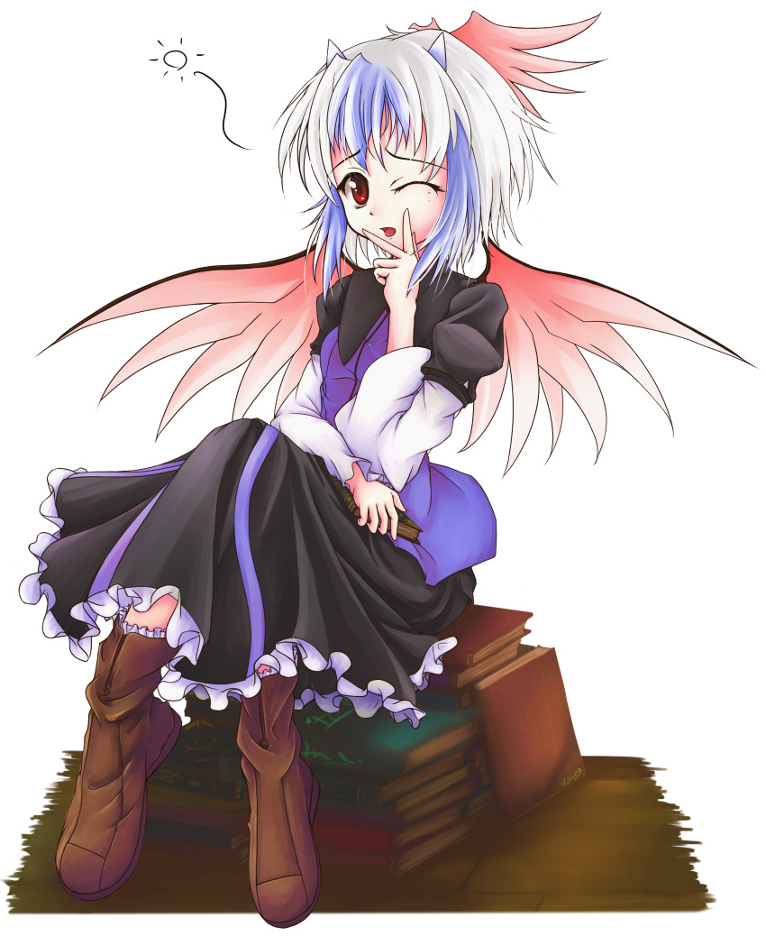 book, boots, dress, gr_(artist), head_wings, headwings, highres, horns
