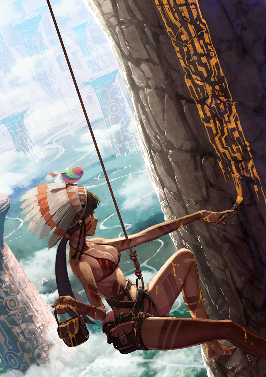 bare_legs, bare_shoulders, barefoot, bikini, bird, braid, breasts, brown_hair