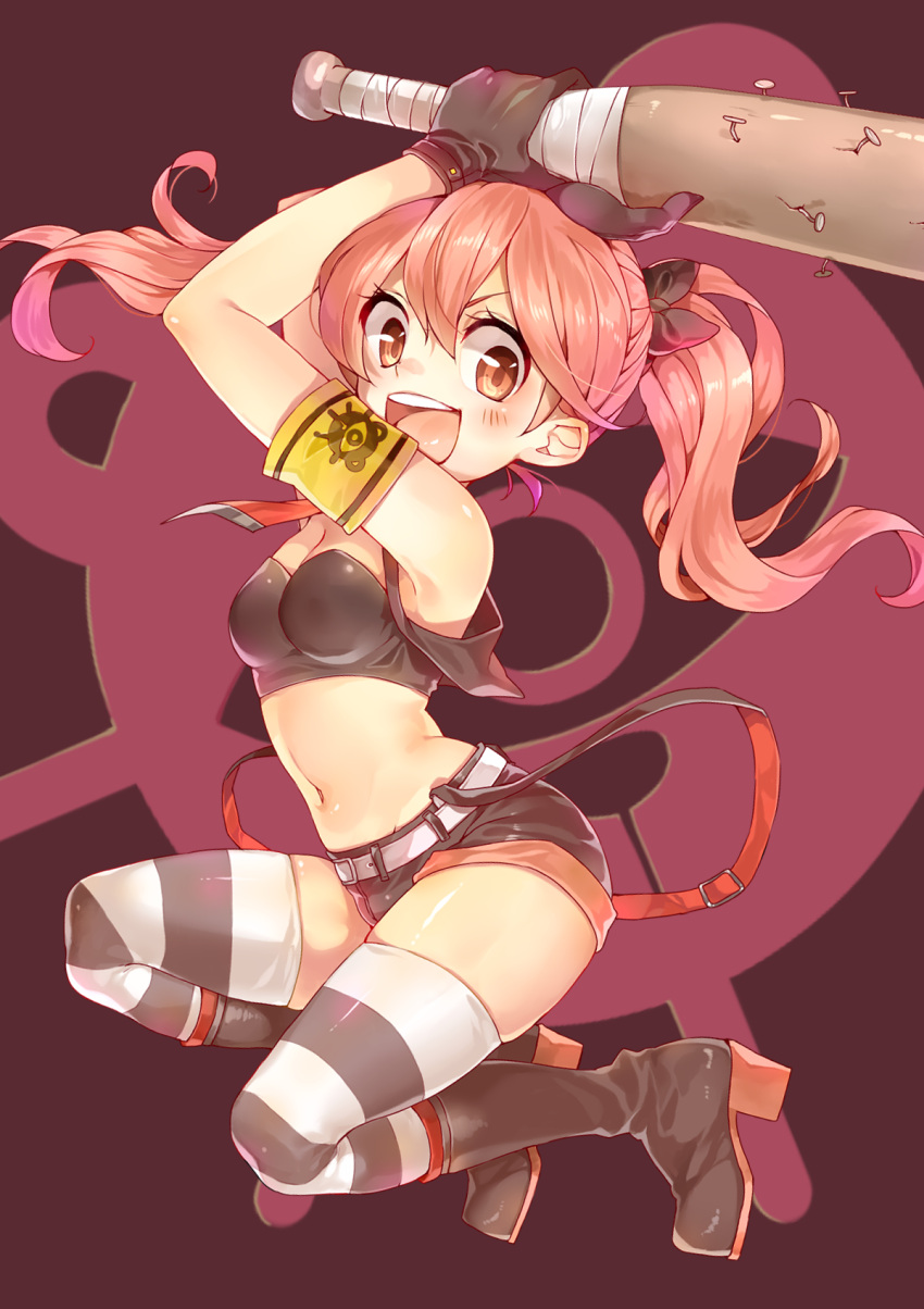 :d, armband, baseball_bat, belt, blush, boots, breasts, gloves