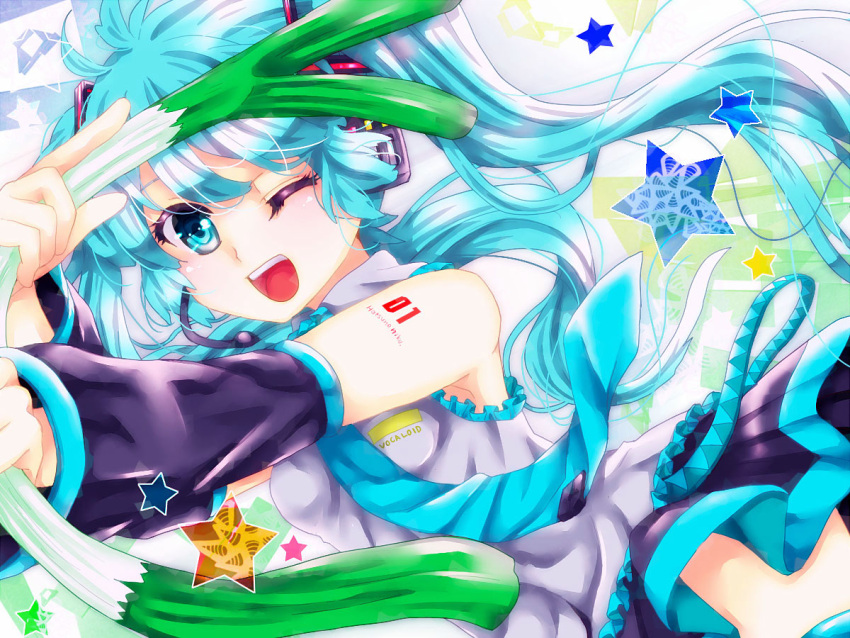 aqua_eyes, aqua_hair, bare_shoulders, hatsune_miku, headset, long_hair, murasaki_daidai_etsuo, necktie