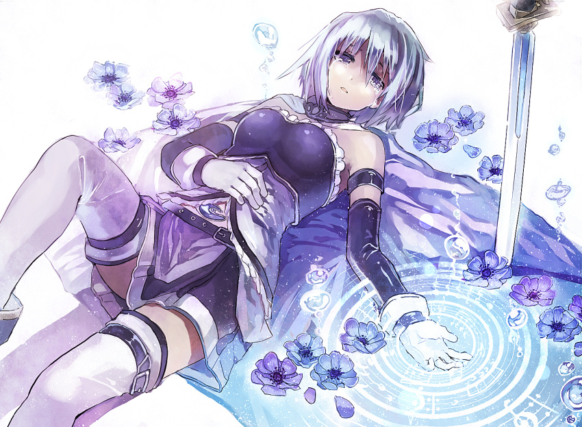 belt, blue_eyes, blue_hair, bubble, cape, crying, detached_sleeves, flower