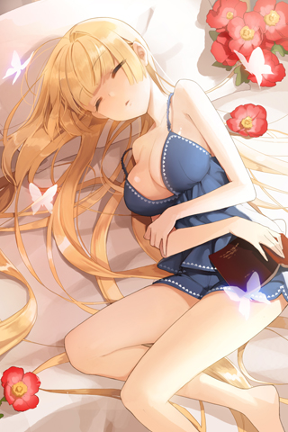 barefoot, blonde_hair, book, breasts, cleavage, closed_eyes, eyes_closed, flower
