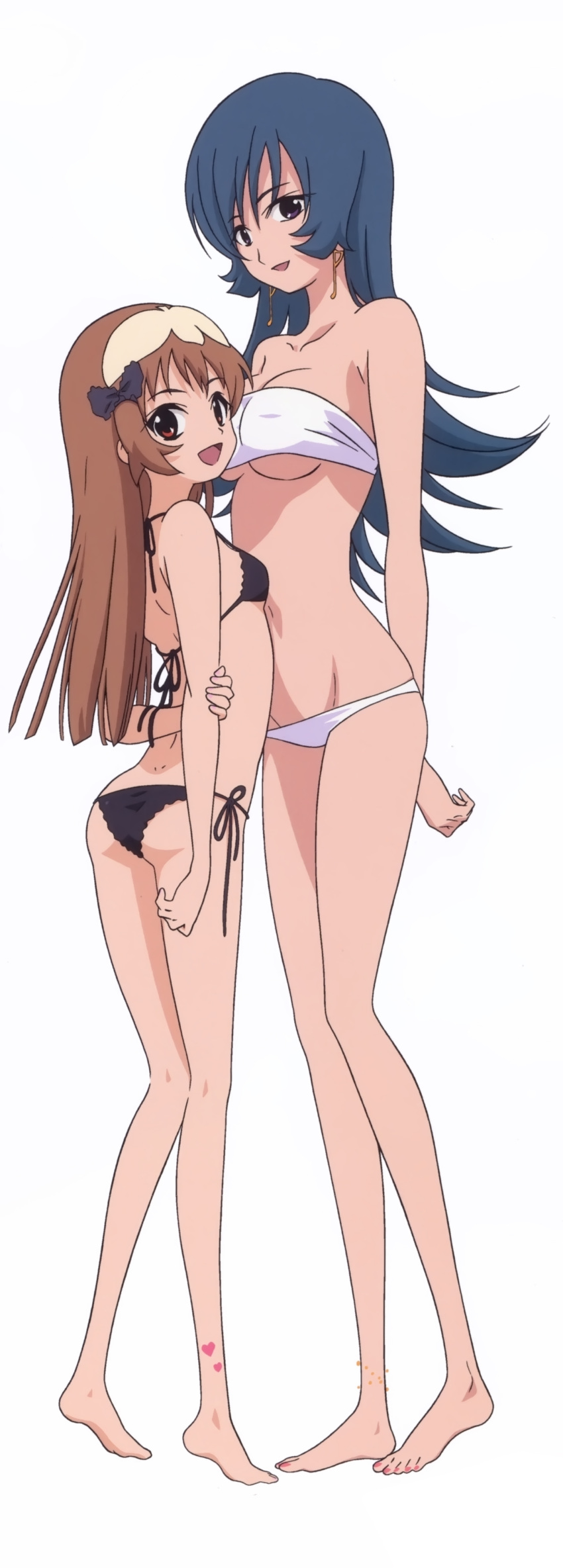 :d, absurdres, age_difference, anklet, arm_grab, arms_behind_back, ass, back, bandeau, bangs, bare_shoulders, barefoot, bikini, black_bikini, blue_eyes, blue_hair, bow, breasts, brown_hair, cleavage, collarbone, dimples_of_venus, earrings, feet, flat_chest, from_behind, hair_bow, hair_ornament, heart, highres, jewelry, kotona_elegance, large_breasts, legs, long_hair, long_legs, lowleg, lowleg_bikini, mizugi, multiple_girls, nail_polish, navel, official_art, open_mouth, re_mii, red_eyes, sakai_kyuuta, side-tie_bikini, simple_background, smile, standing, swimsuit, tattoo, under_boob, underboob, white_bikini, zoids, zoids_genesis