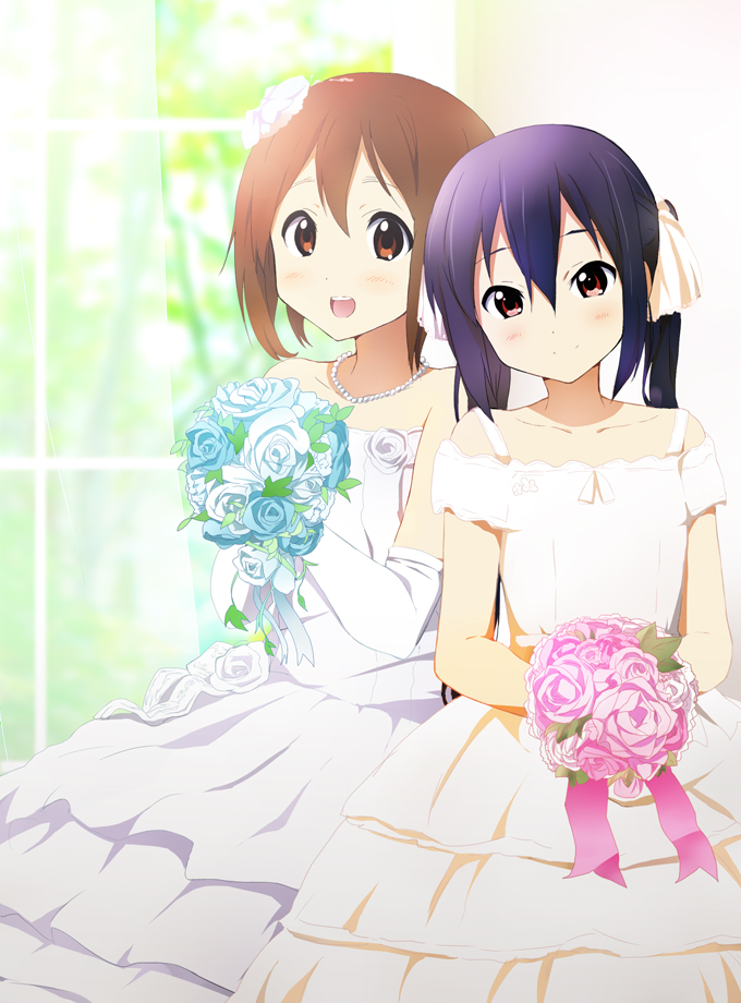 :d, black_hair, blush, bouquet, bride, bridesmaid, brown_eyes, brown_hair, dress, elbow_gloves, flower, gloves, hair_flower, hair_ornament, hatasuke, hirasawa_yui, jewelry, k-on!, long_hair, multiple_girls, nakano_azusa, necklace, open_mouth, red_eyes, short_hair, smile, wedding_dress