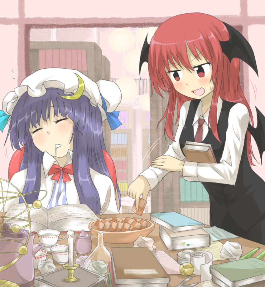 bat_wings, beaker, book, bow, candle, closed_eyes, cookie, crescent, cup, dress_shirt, eyes_closed, food, hat, head_wings, highres, koakuma, long_hair, multiple_girls, necktie, nobamo_pieruda, open_mouth, paper, patchouli_knowledge, purple_hair, red_eyes, red_hair, redhead, saucer, scissors, shirt, skirt, sleeping, smile, teacup, touhou, wings