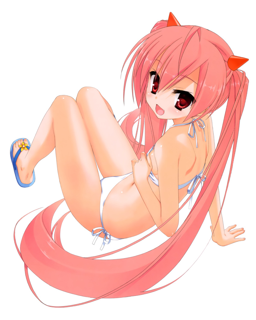 :d, absurdres, ahoge, arm_support, bare_shoulders, bikini, fang, feet