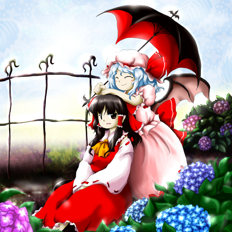 bat_wings, blue_hair, blush, bow, brown_eyes, brown_hair, closed_eyes, detached_sleeves