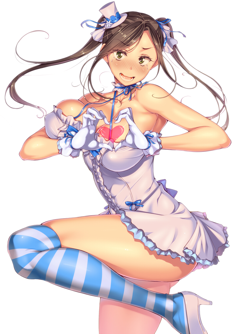 aida_takanobu, bare_shoulders, blush, breasts, brown_hair, choker, cleavage, embarrassed