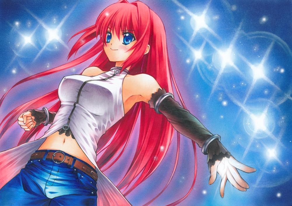 aozaki_aoko, bare_shoulders, blue_eyes, blush_stickers, breasts, detached_sleeves, halterneck, jeans