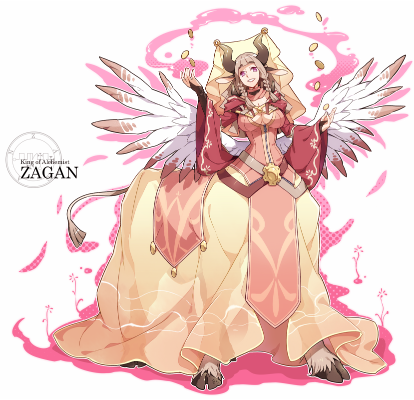 animal_ears, ars_goetia, braid, breasts, bridal_gauntlets, brown_hair, centaur, character_name