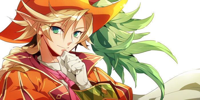 blonde_hair, braid, coat, cravat, feathers, green_eyes, hat, kyousaku, long_hair, male, mygrimoire, original, pointy_ears, seir_(mygrimoire), smile, solo, white_background