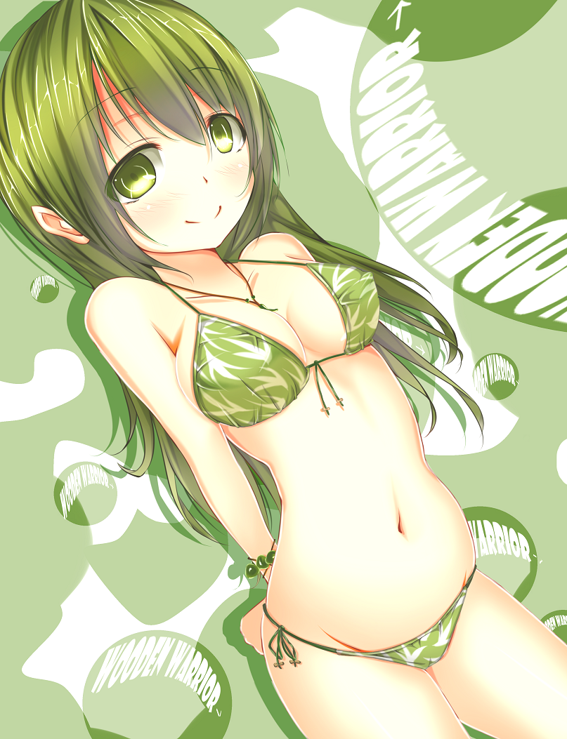 arms_behind_back, bikini, breasts, cheeuyu, chiiutsu_(cheewts), green, green_eyes, green_hair