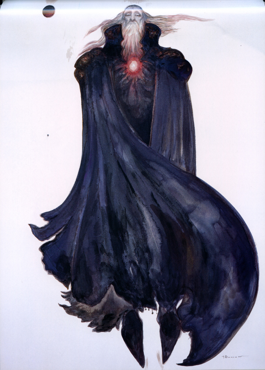 absurdres, amano_yoshitaka, bald, beard, facial_hair, final_fantasy, final_fantasy_ix, garland_(ff9), highres, long_hair, male, official_art, old, old_man, robe, scan, solo, white_hair