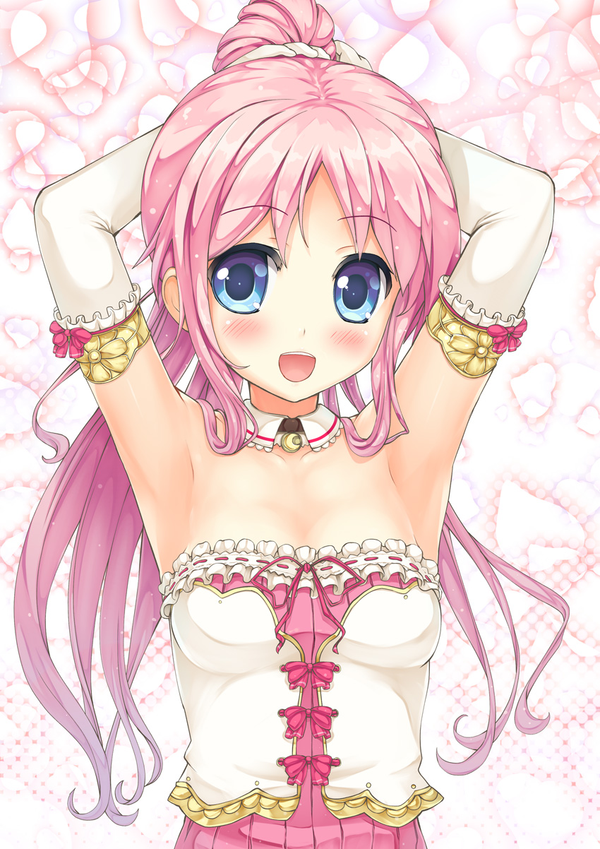 :d, ai_shite!_homun, armpits, arms_up, bare_shoulders, blue_eyes, blush, detached_collar