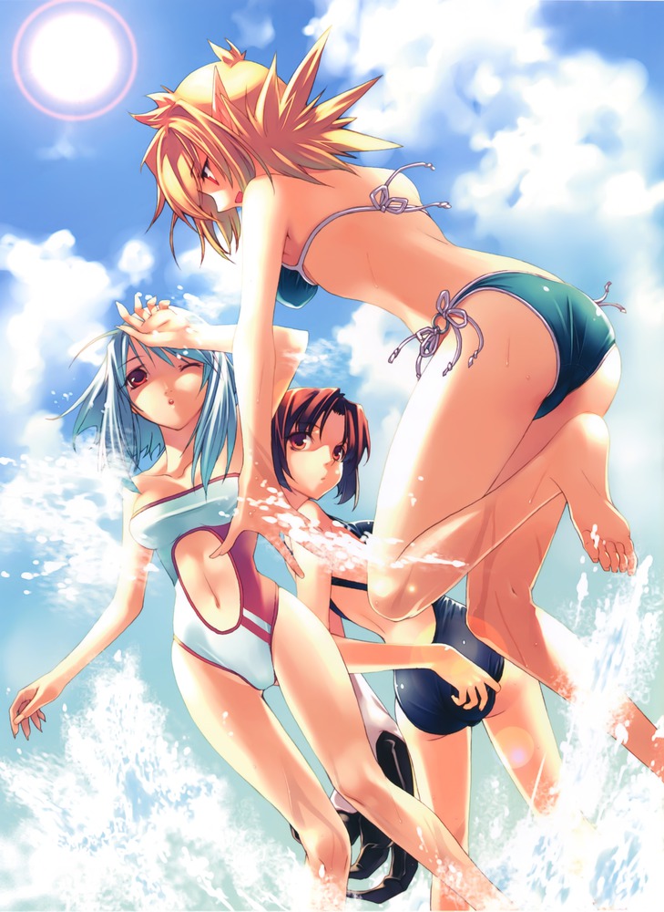albino, ass, beach, bikini, blonde_hair, brown_eyes, brown_hair, hirano_katsuyuki