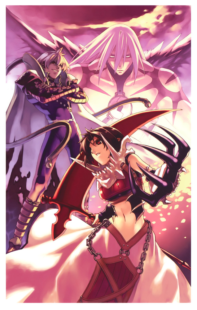 2boys, armor, armored_dress, bodysuit, brown_hair, cape, chain, chains
