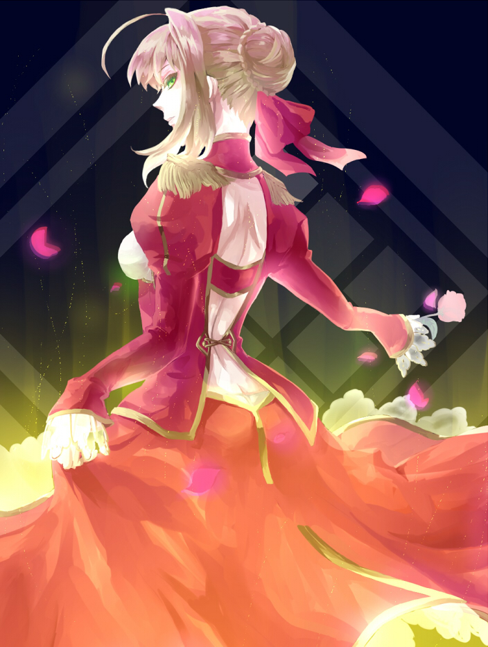 ahoge, blonde_hair, dress, epaulettes, fate/extra, fate_(series), flower, from_behind, green_eyes, hair_ribbon, ribbon, rose, saber_extra, solo, vivovio24