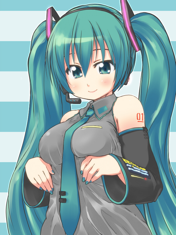 aoyagi_kakerugeki, detached_sleeves, green_eyes, green_hair, hatsune_miku, headset, long_hair, necktie