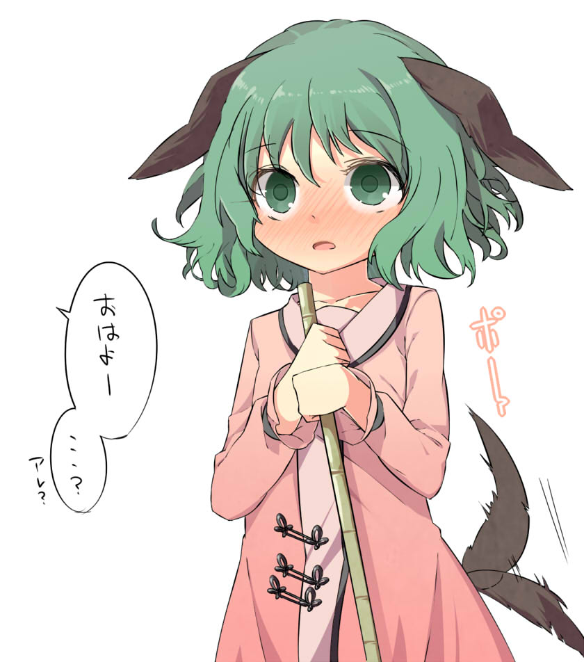 animal_ears, bamboo_broom, blush, broom, green_eyes, green_hair, kasodani_kyouko, nose_blush, shamo_(koumakantv), simple_background, solo, speech_bubble, tail, tail_wagging, text, touhou, translated, translation_request, white_background