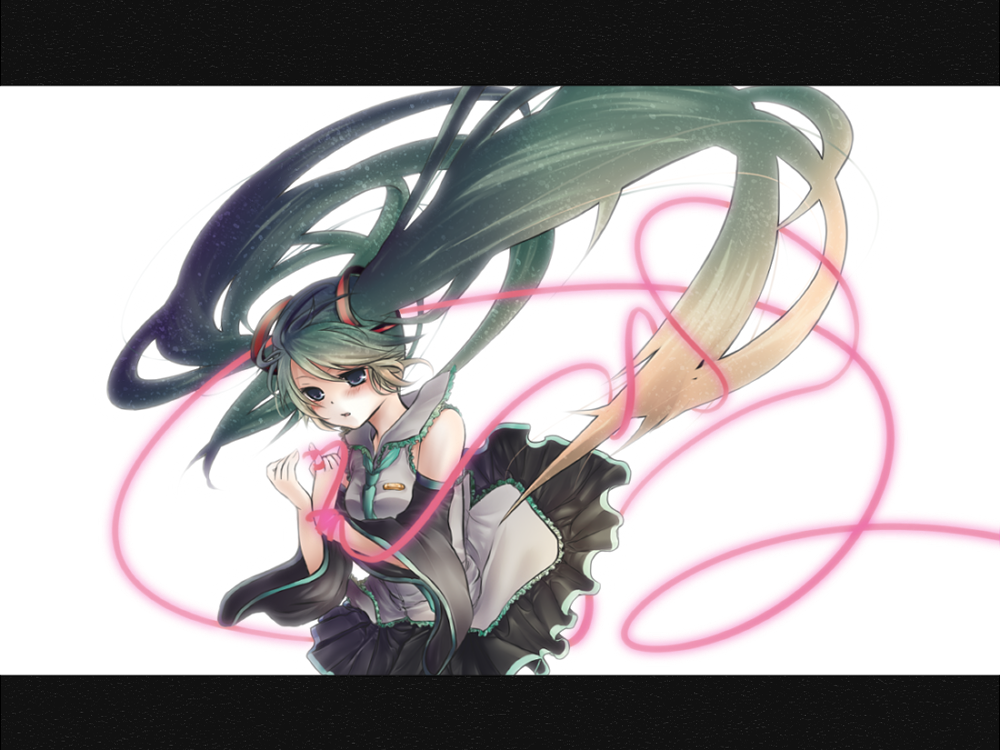 aoi_(pixiv335232), blue_eyes, detached_sleeves, green_hair, hatsune_miku, letterboxed, red_string, skirt