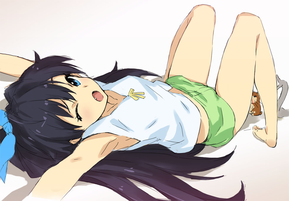 ;o, animal, armpits, arms_up, barefoot, black_hair, blood, blue_eyes