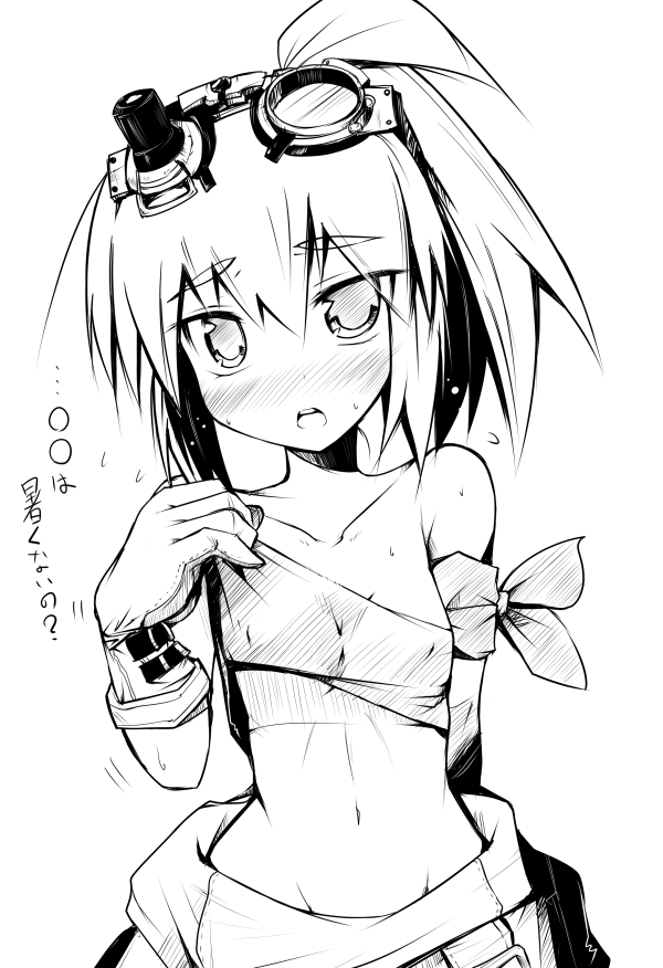 ai_takurou, bernd_workshop, blush, collarbone, gloves, goggles, goggles_on_head, long_hair