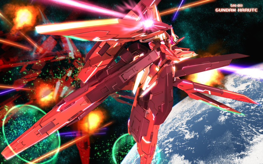gundam_00, gundam_00_a_wakening_of_the_trailblazer, gundam_harute, highres, light, mecha, trans_am, weapon, widescreen, zefai