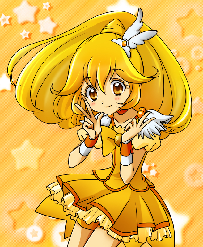 bike_shorts, blonde_hair, boots, choker, cure_peace, double_v, dress, hair_ornament