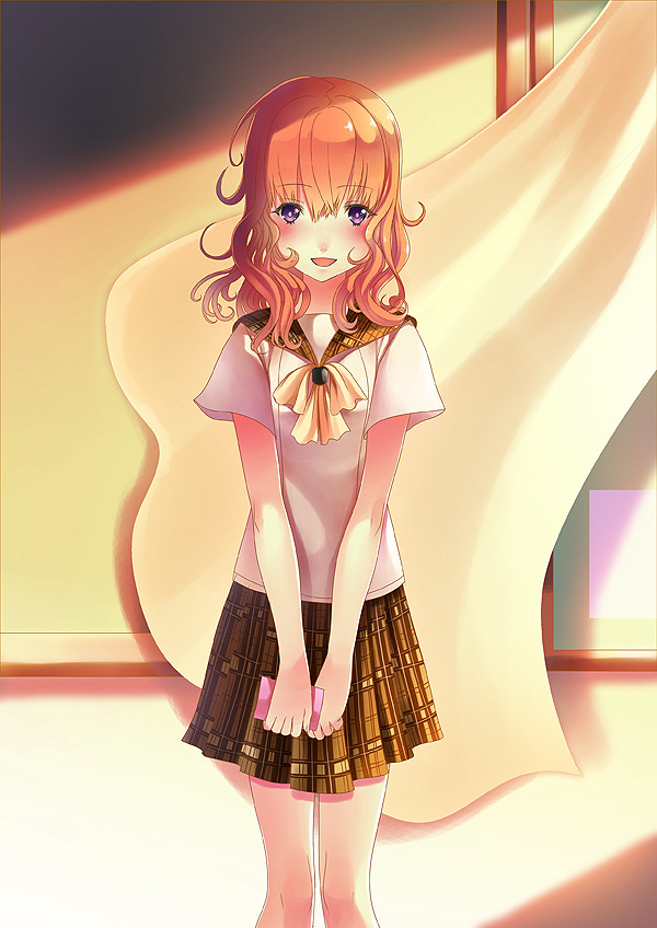 blush, brown_hair, lamp_studio, long_hair, looking_at_viewer, open_mouth, original, purple_eyes, school_uniform, serafuku, skirt, smile, solo, un4lord, violet_eyes, wavy_hair, wind, window