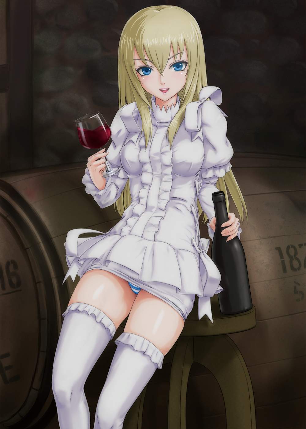 blonde_hair, blue_eyes, blue_striped_panties, bottle, dress, emilie_de_rochefort, frilled_dress, frills, highres, long_hair, looking_at_viewer, marie_(moyashimon), moyashimon, namco, open_mouth, panties, pantyshot, rasukaru, shimipan, sitting, solo, striped, striped_panties, tekken, thigh-highs, thighhighs, underwear, wine