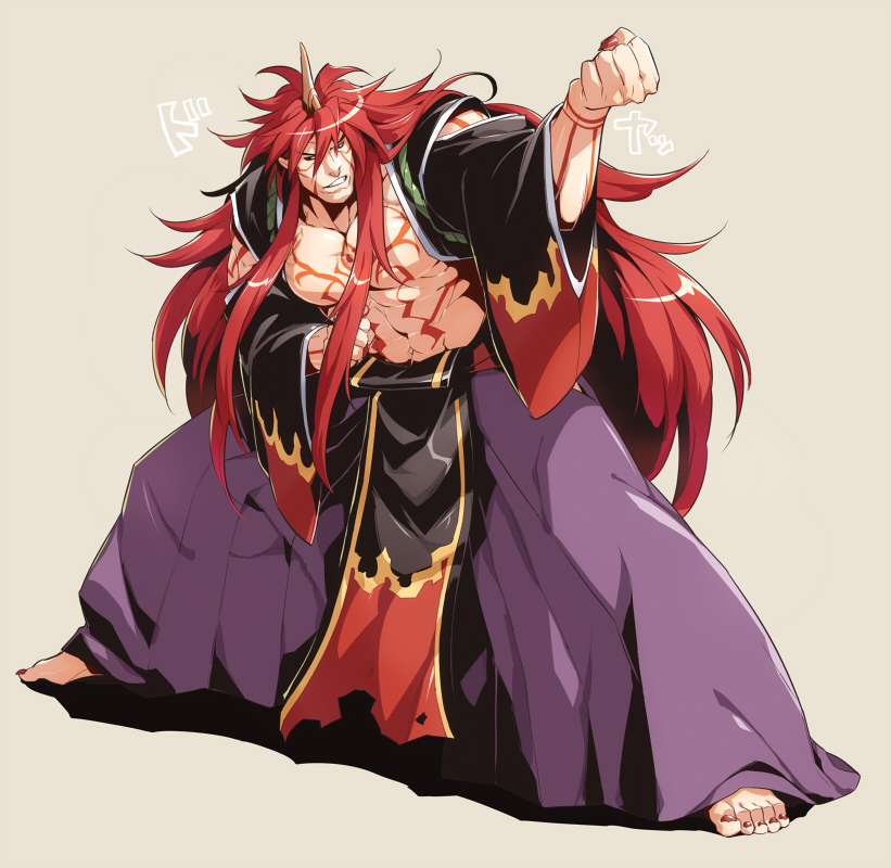 barefoot, horn, japanese_clothes, kimono, kyousaku, long_hair, male, muscle