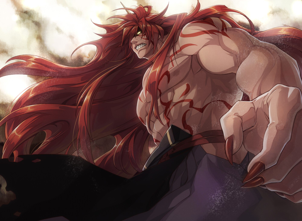 clenched_teeth, kyousaku, long_hair, male, muscle, mygrimoire, original, red_hair