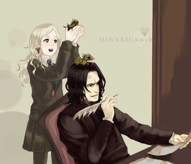 animal_on_head, bird, bird_on_hand, bird_on_head, black_hair, food, fruit, hair_ornament
